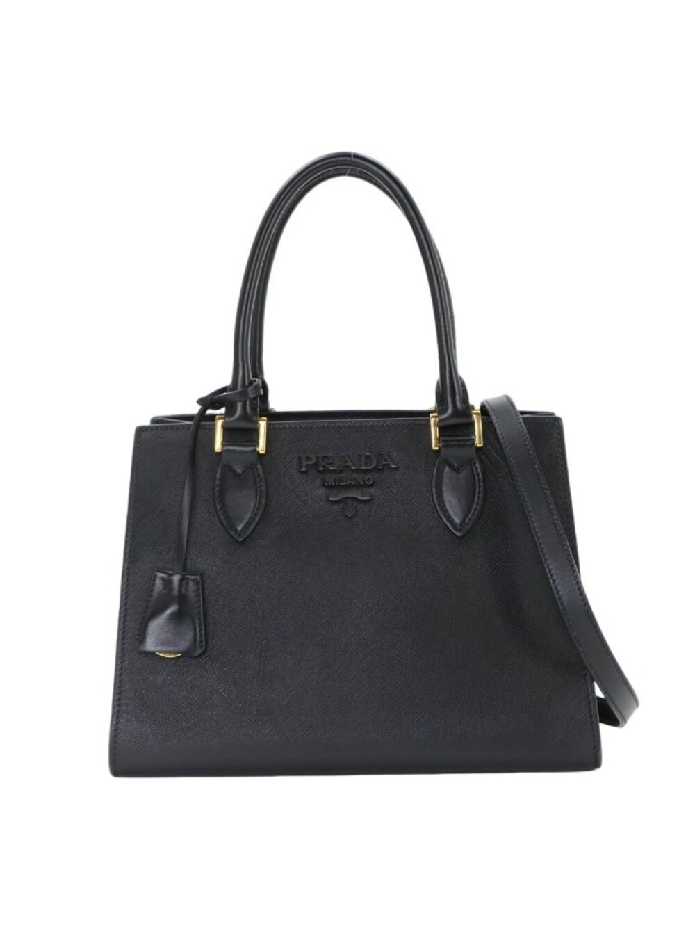 Prada Saffiano 2-Way Bag Leather Nero Black Gold Hand Bag